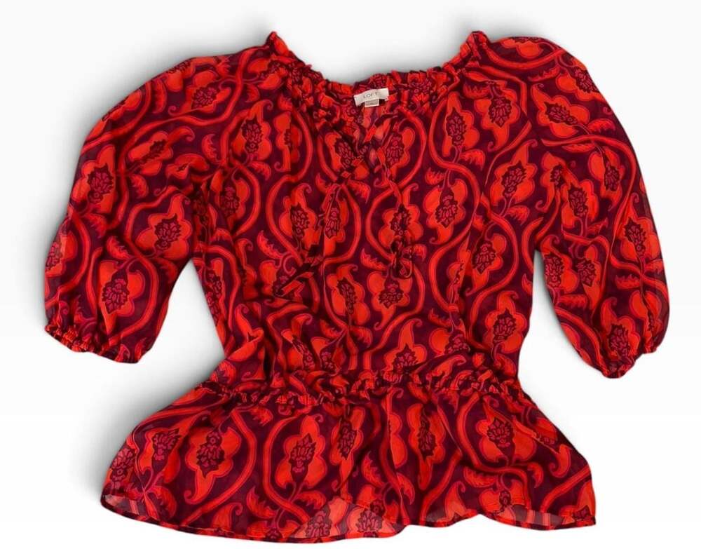 Loft Blouse Size M Fall Red Floral Print Peplum Chiffon